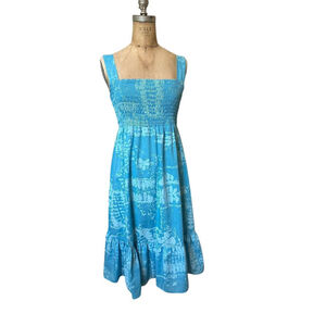 Young Hawaii Smocked Blue Palm Print Dress L Vintage 70’s Cotton Polyester Blend